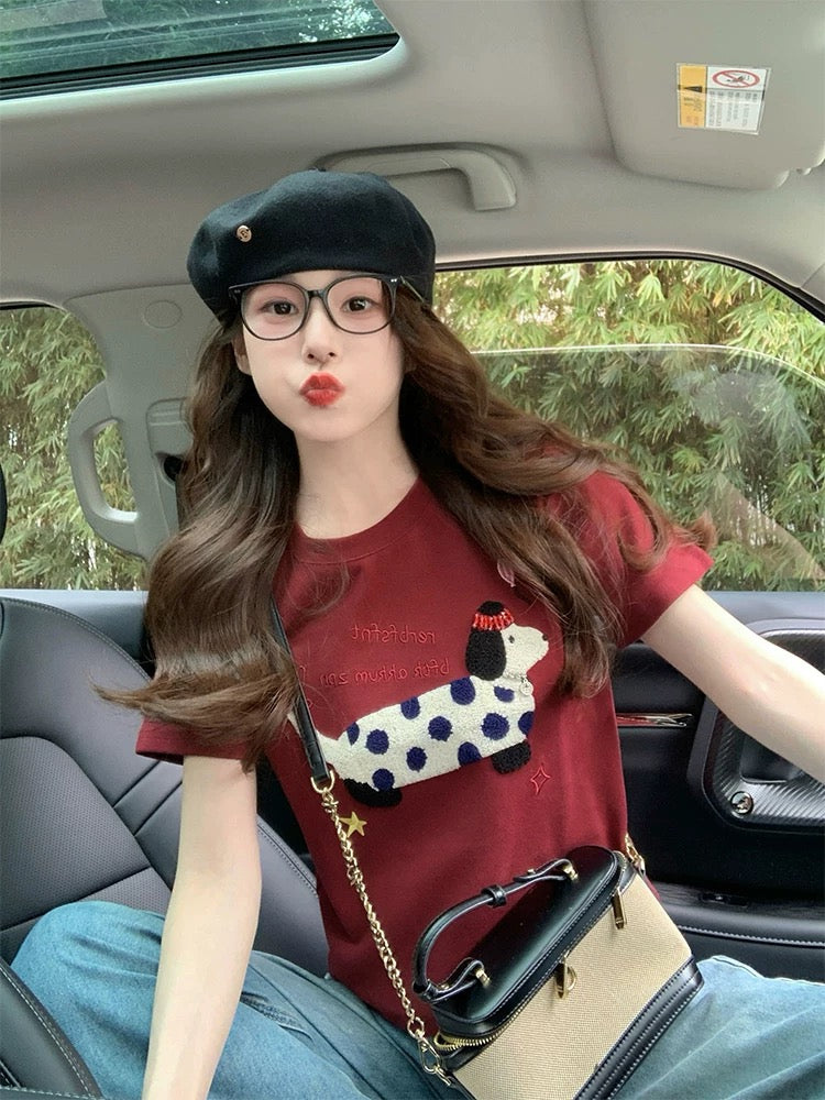 Red puppy embroidered short-sleeved T-shirt for women 2025 new spring and summer retro age-reducing design shoulder short top