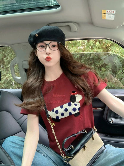 Red puppy embroidered short-sleeved T-shirt for women 2025 new spring and summer retro age-reducing design shoulder short top
