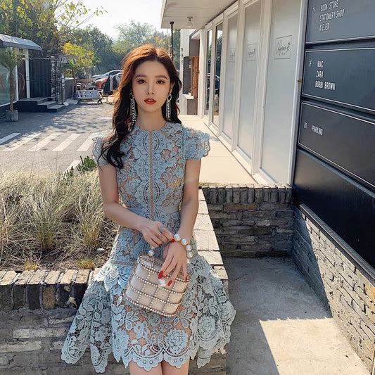 2023 Summer New Women's Heavy Lace Irregular Scalloped Skirt Feifei Sleeves Slim Fit Dress (D171)