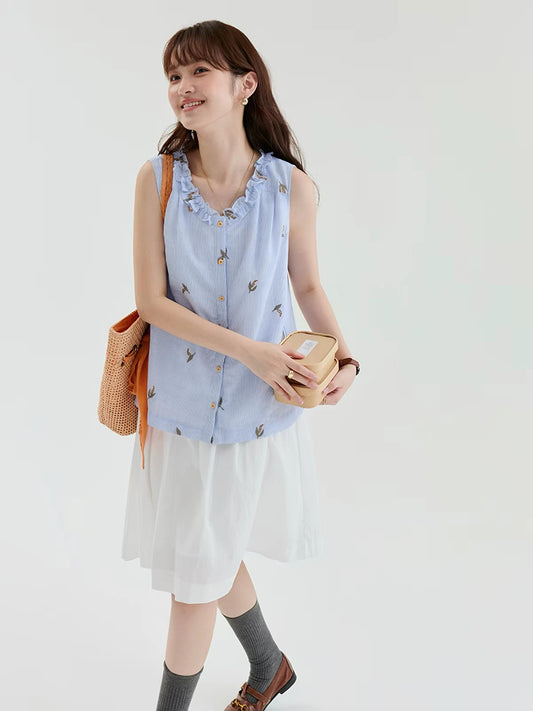 [Beidao AMUU Original] Women's Summer New Arrival: Blue Striped Pure Cotton Sleeveless Shirt with V-Neck and Lettuce-Edge Embroidery