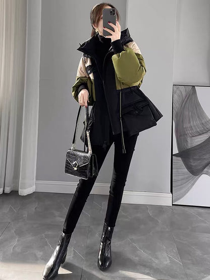 Contrast color down jacket 2023 new women's winter waist slimming mid-length white duck down thickened short jacket