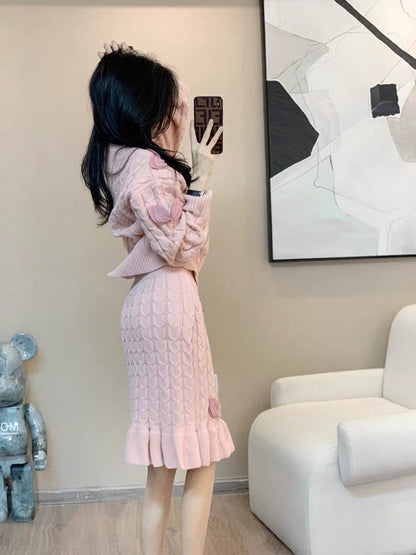 Autumn and winter fashionable little Hong Kong style retro chic fashion casual lazy knitted fishtail skirt two-piece suit for women (B5915)
