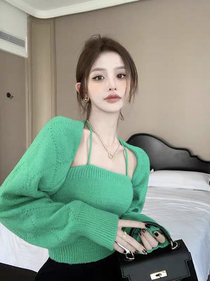 Pure Desire Hot Girl Halter Top Women's Autumn and Winter Design Niche Knitted Cardigan Chic Tube Top Suspender Two-piece Set