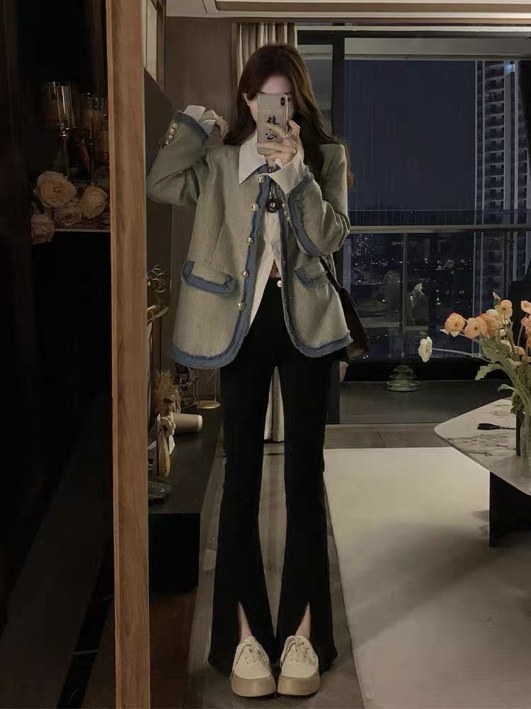 French-style small fragrance shoulder pad suit jacket women's early spring and autumn temperament high-end denim splicing top small man