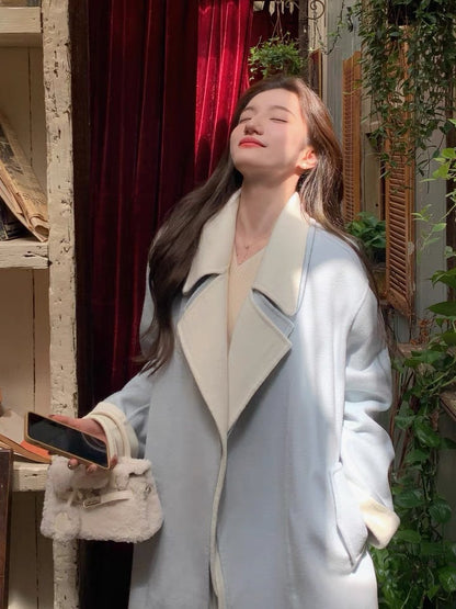 YIYI WANG Korean drama heroine appears~Sea salt blue and white double-layer lapel wool double-sided woolen coat for women