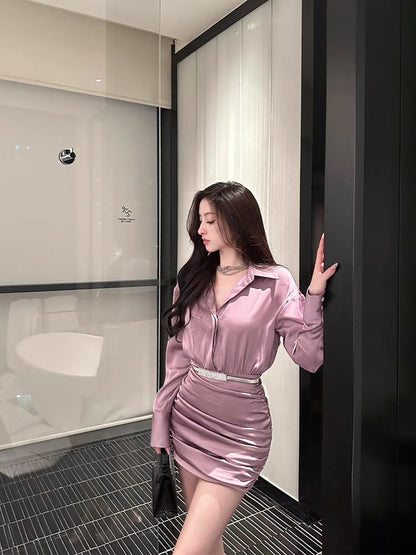 For Fay light purple satin pleated hip-hugging slim shirt dress high-end design temperament waist dress