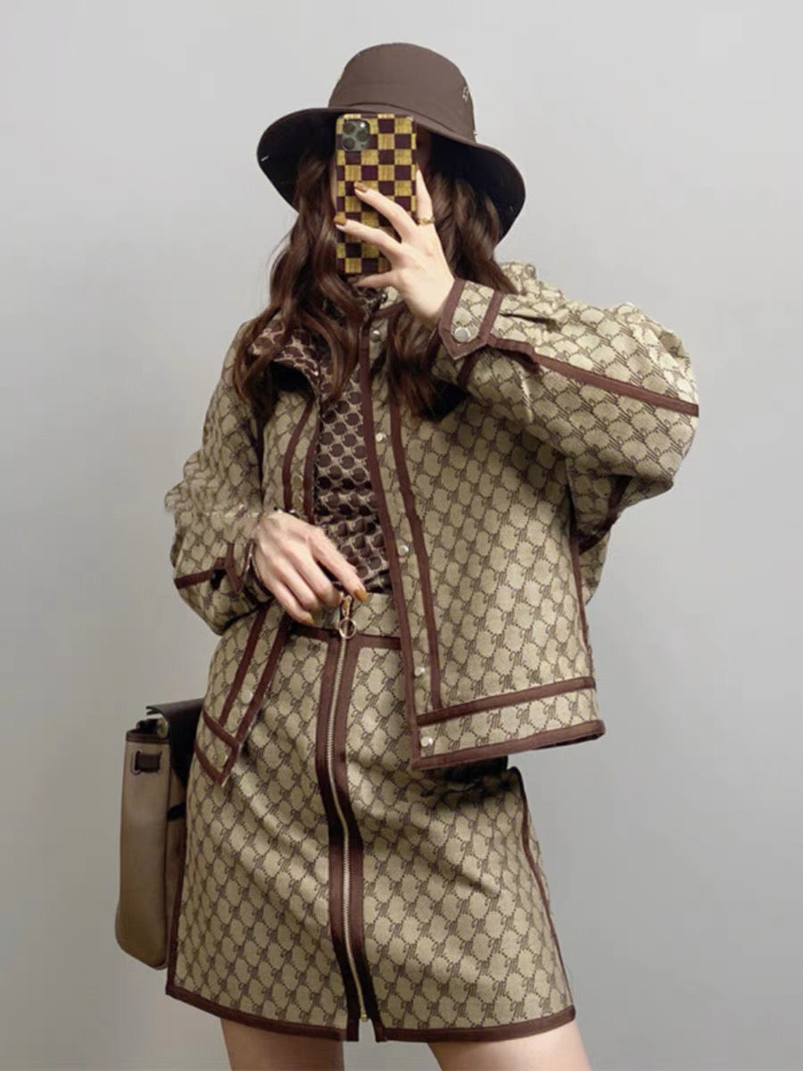 High-end temperament, socialite, foreign style, retro Hong Kong style trendy brown two-piece suit 2023 autumn and winter new women's clothing