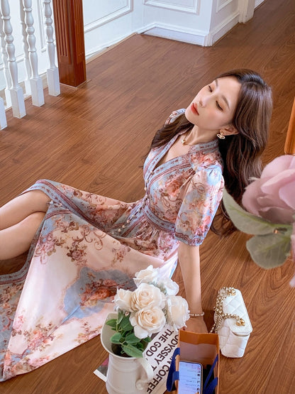 Zhang Xinzi [Nanyan Rumeng] French holiday style V-neck chiffon dress female summer new slim long skirt
