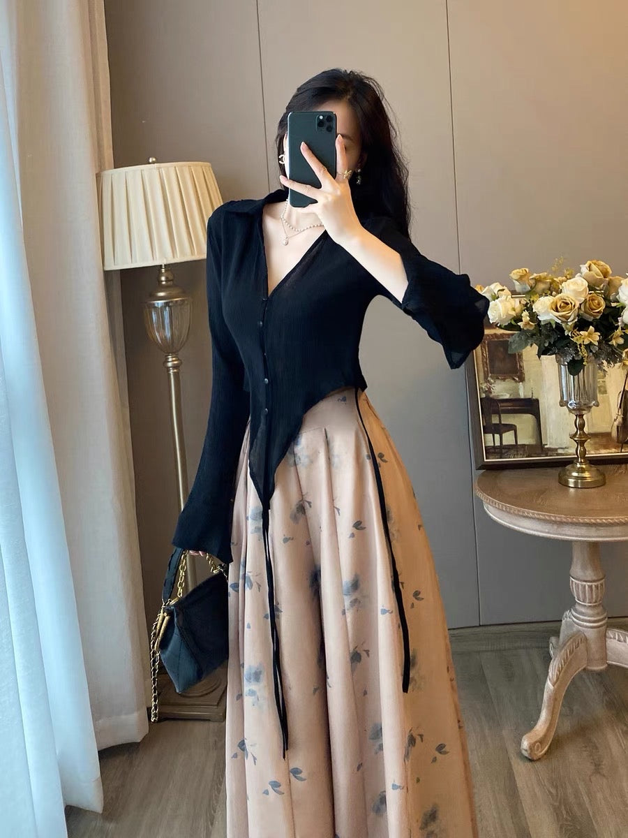 Two-piece suit women's autumn clothes new western style fashionable French retro bottoming velvet dress temperament slim long skirt