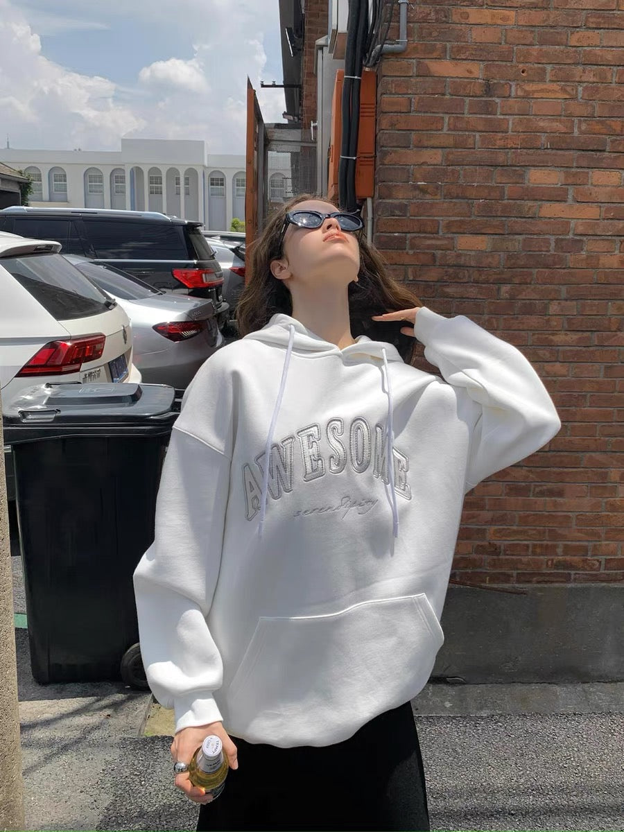 Zhou Miao ZHOUMIAO320G terry material embroidered letters hooded sweatshirt women's loose off-shoulder long-sleeved pullover top (T0926)
