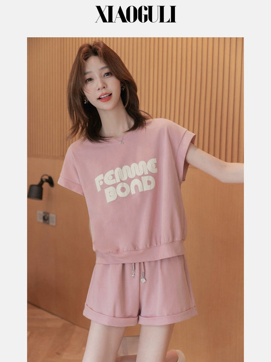 Small Grain Contrasting Color Letter Jumpsuit Shorts Set Female 2023 Summer New Design Casual Two-piece Set