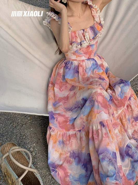 Xiaoli XIAOLI pen painting spring square collar floral dress long dress summer dopamine wear tea break French princess dress