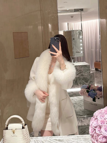 Shanxi said fox fur collar splicing 100% wool double-sided woolen coat vest jacket women's winter temperament two-piece set (B8895)