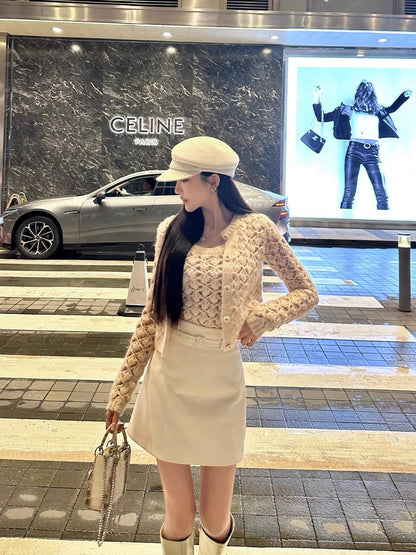 Shanxishuo Apricot Hollow Sexy Knitted Cardigan Jacket for Women + Diamond Check Vest French Fashion Retro 2-piece Set (B8891)