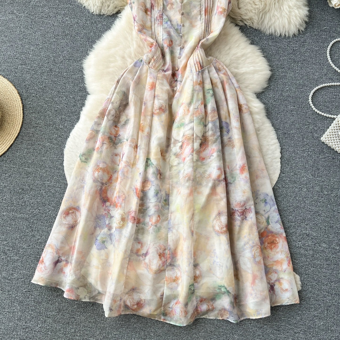 French floral chiffon suspender dress for women summer new high-waist slimming temperament super fairy style holiday long skirt