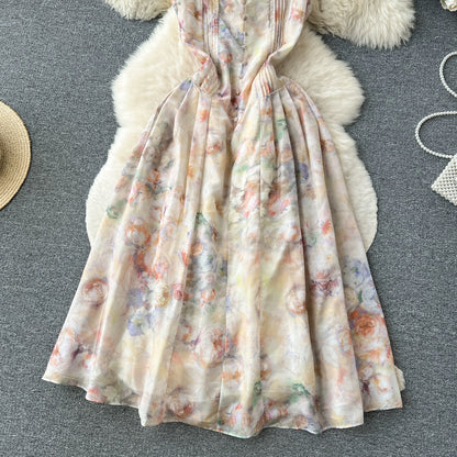 French floral chiffon suspender dress for women summer new high-waist slimming temperament super fairy style holiday long skirt