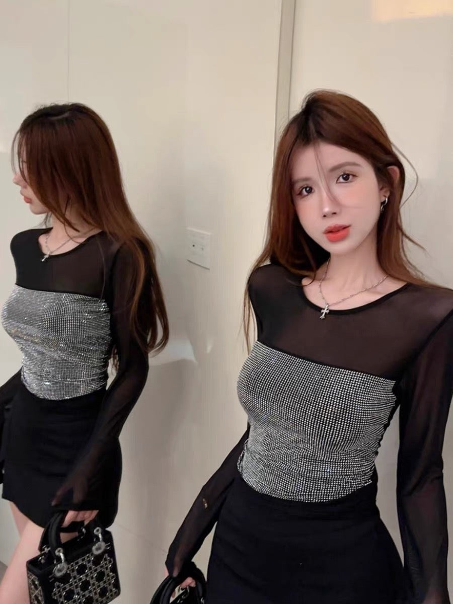 Mesh bottoming shirt for women with autumn and winter thin heavy-duty hot-drilled long-sleeved T-shirt hot girl black short sexy top
