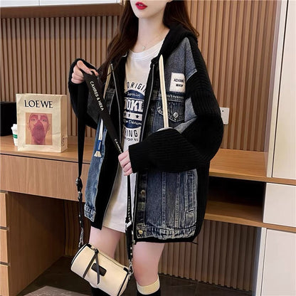 Loose and lazy denim patchwork sweater cardigan for women 2023 new autumn Korean style hooded knitted jacket (S0610)