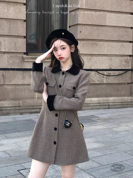 csk Cupid Velvet Latte Latte Houndstooth Dress Women's Spring and Autumn Imported Velvet Slim Skirt