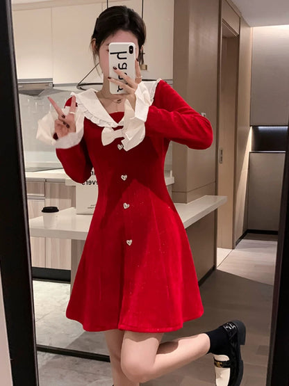 French sweet autumn and winter trumpet sleeve dress 2023 new women's small temperament waist slimming skirt