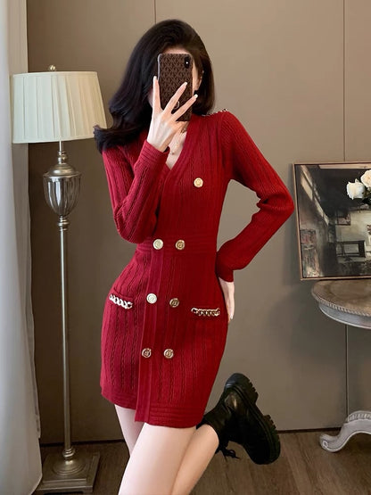 Lady style V-neck zodiac year knitted little red skirt women's autumn and winter new design double-breasted hip-hugging dress D7794