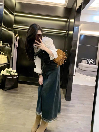 Dress spring women's 2023 new high-end design niche temperament age-reducing long denim skirt (S0958)