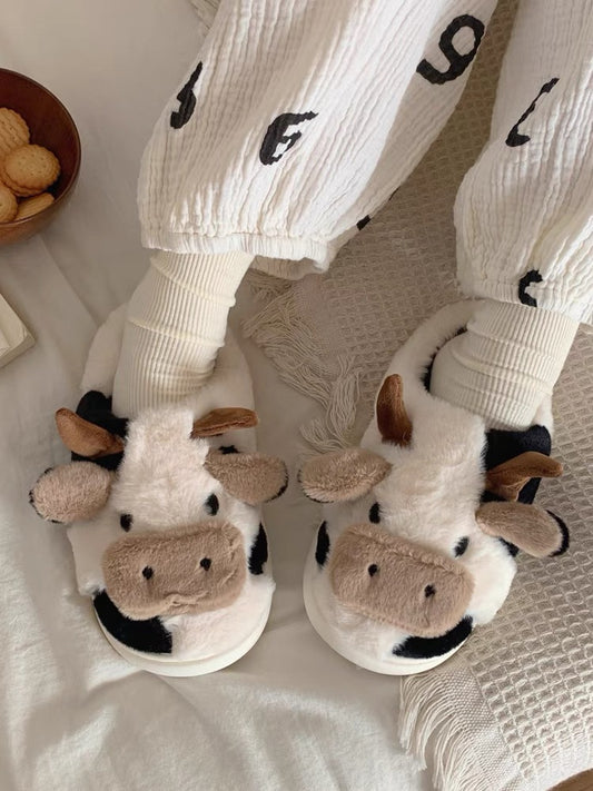 Thin strips, full heel, cute little cow cotton slippers for men and women, winter indoor warm plush home shoes ins
