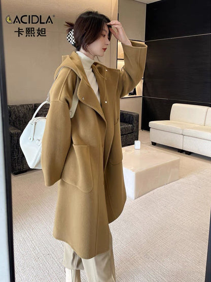 Double-sided woolen cashmere coat women's mid-length woolen coat 2023 autumn and winter new loose hooded wool coat