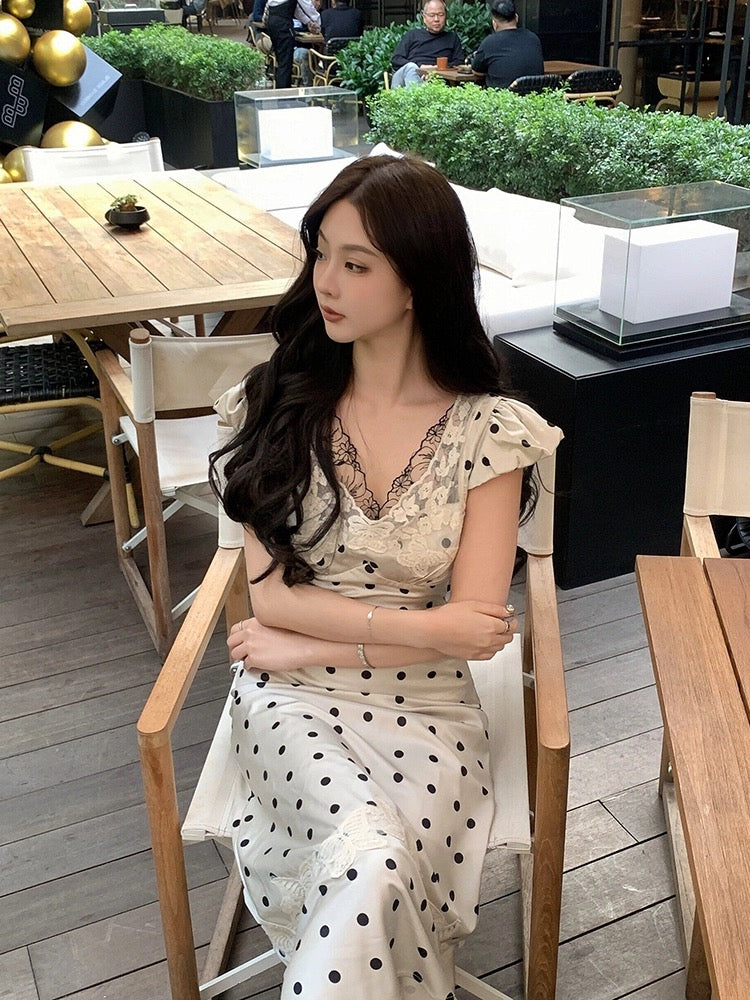 STRIVE/Yumiko fat mm French design polka dot dress women's spring and summer retro pure lust satin long skirt