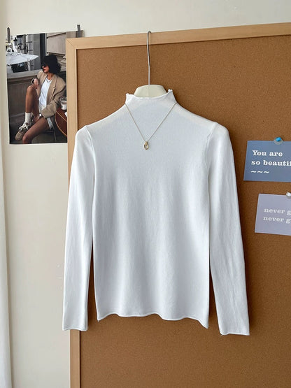 Retro soft and sticky cashmere rolled-edge turtleneck knit sweater for women, autumn and winter, gentle and versatile layering base layer top.