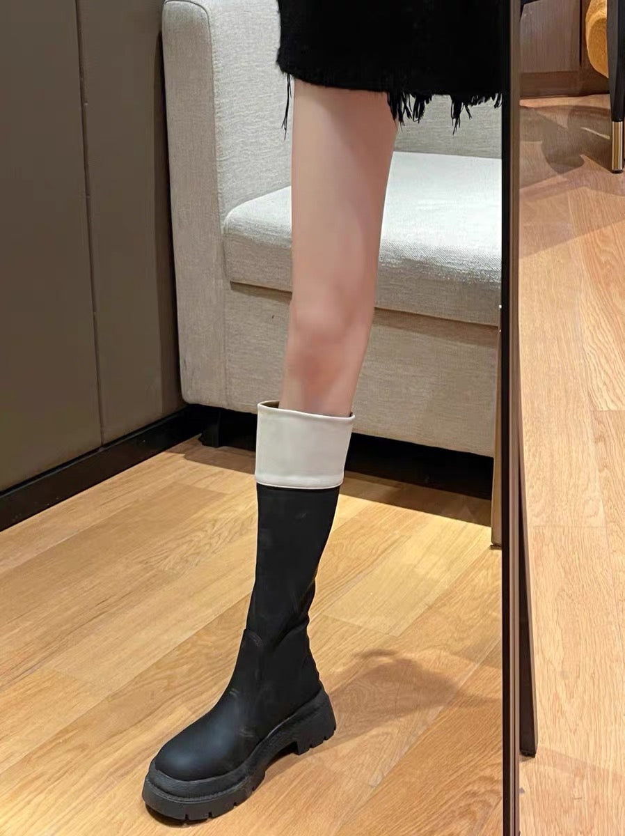 Super cool~Xiaoxiangfeng color matching thick-soled high-tube boots for women
