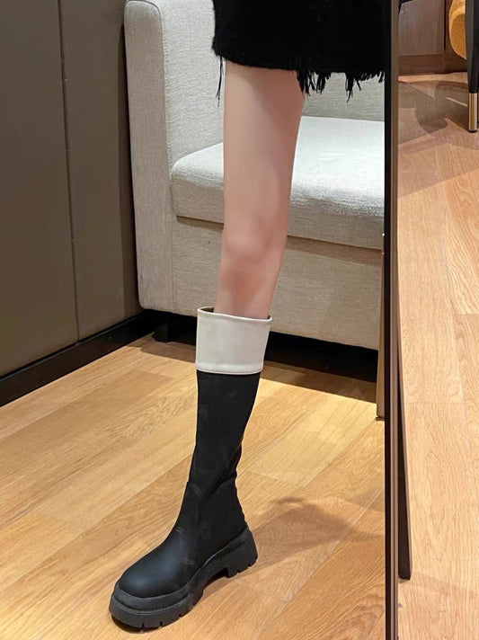 Super cool~Xiaoxiangfeng color matching thick-soled high-tube boots for women