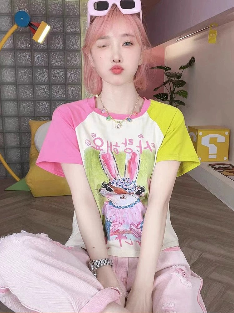 Dopamine wear contrast color rabbit raglan sleeve short-sleeved T-shirt female summer pure cotton hot girl slim high waist short top