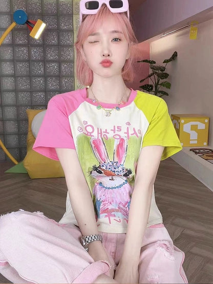 Dopamine wear contrast color rabbit raglan sleeve short-sleeved T-shirt female summer pure cotton hot girl slim high waist short top