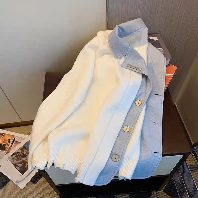 Sweet and high-quality false two-piece suit collar splicing sweater for men and women winter French loose lazy style knitted jacket