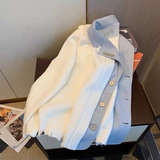 Sweet and high-quality false two-piece suit collar splicing sweater for men and women winter French loose lazy style knitted jacket