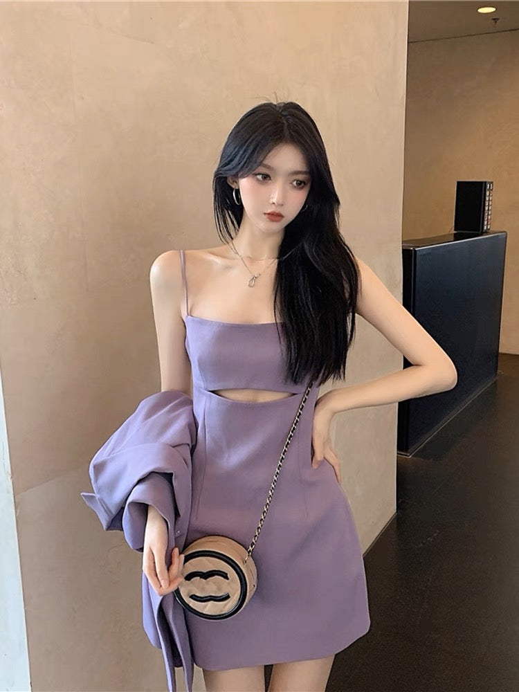 Pure desire style taro purple suit jacket autumn mature style sexy suspender dress women's two-piece suit