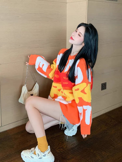 Orange versatile girls' outfits for autumn and winter jacquard loose outer sweaters women's lazy knitted sweaters fashionable and stylish T2380