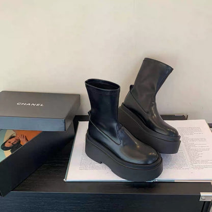 Full leather ~ round head, thick bottom, heightened short tube, thin Martin boots, small and thin elastic motorcycle knight boots