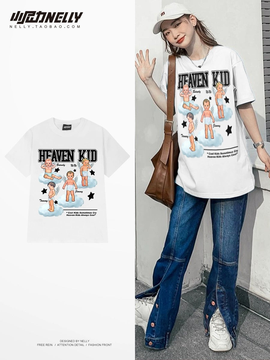 Korean version of loose cartoon little angel print ins short-sleeved T-shirt male and female trendy cotton tops couple summer trend