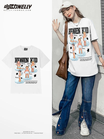Korean version of loose cartoon little angel print ins short-sleeved T-shirt male and female trendy cotton tops couple summer trend