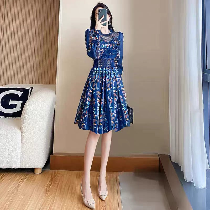 Chiffon dress autumn 2023 new fashion temperament printed high waist slimming high-end mid-length skirt for women
