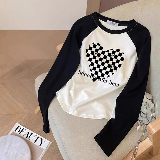 Contrast color pure cotton inner wear design sense splicing long-sleeved T-shirt female 2025 autumn and winter new European goods loose slim top M