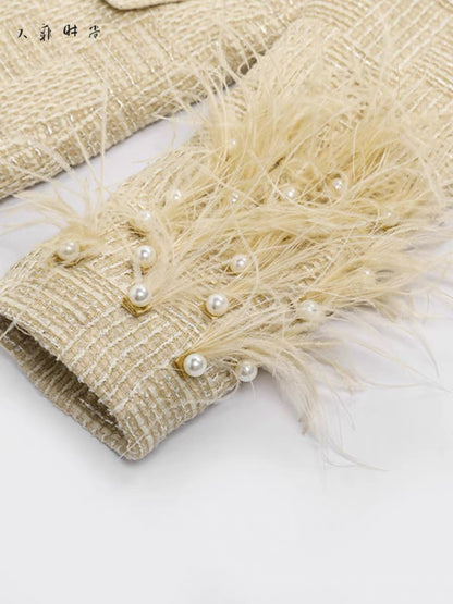 2023 winter new fashion temperament heavy industry beaded ostrich feather down lining tweed down jacket