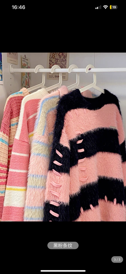 Lazy design plush knitted sweater top 2023 autumn and winter women's pullover thickened mink velvet striped sweater
