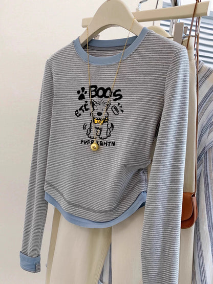 Fake two-piece straight shoulder striped long-sleeved T-shirt for women in early autumn, spring and autumn, short slim-fitting bottoming shirt, pure cotton inner top