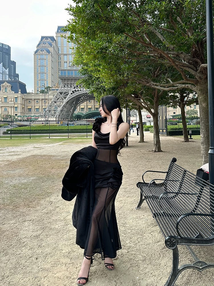 For Fay black rose/high-end satin mesh stitching sexy slim dress see-through hip fishtail skirt