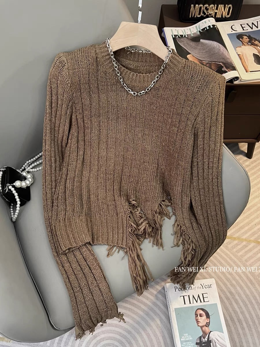 Autumn new design irregular retro versatile slim hole tassel slit round neck sweater women's top (B2212)