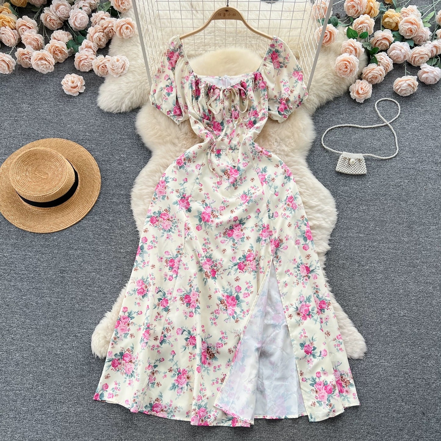 French pure desire high-grade floral puff sleeve dress for women summer slim temperament super fairy forest style slit long skirt
