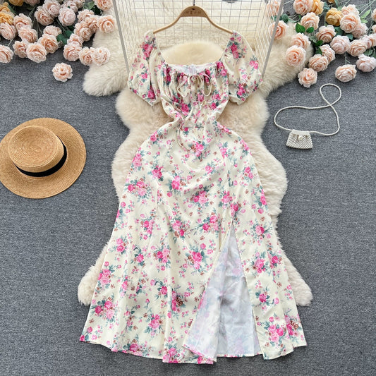 French pure desire high-grade floral puff sleeve dress for women summer slim temperament super fairy forest style slit long skirt